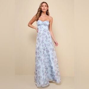 Lulus Chic Preciousness Light Blue Floral Organza Bustier Maxi Dress